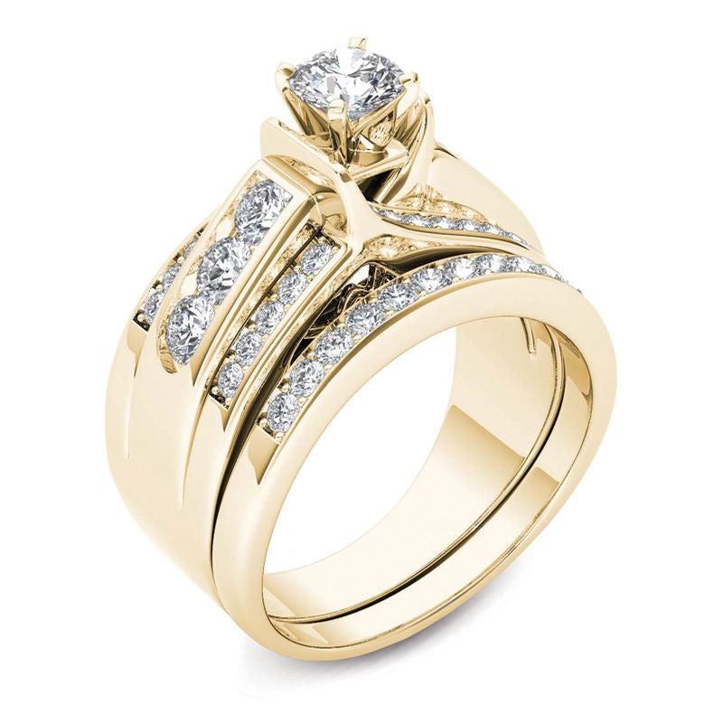 1.25 Ct. Diamond Multi-Row Bridal Engagement Ring Set in 14K Yellow Gold