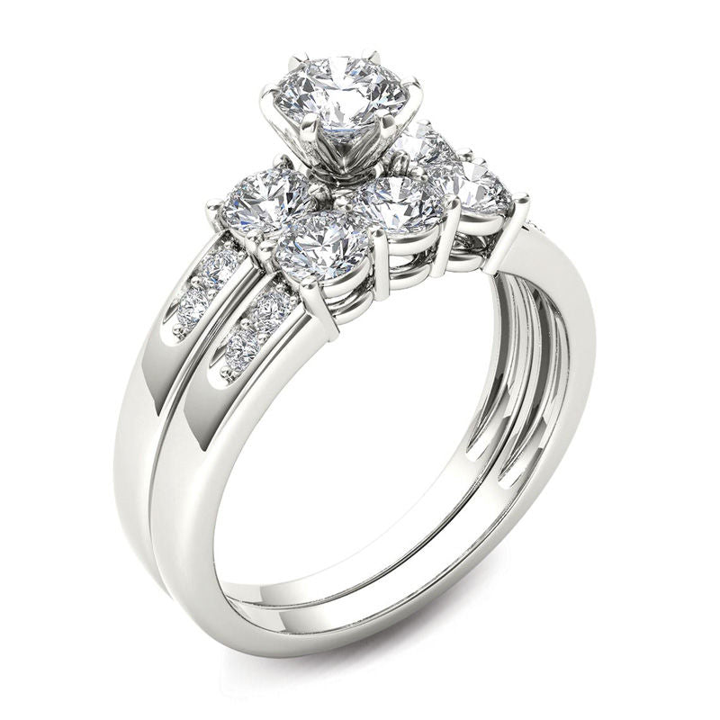 1-1/2 CT. T.W. Diamond Three Stone Bridal Engagement Ring Set in 14K White Gold