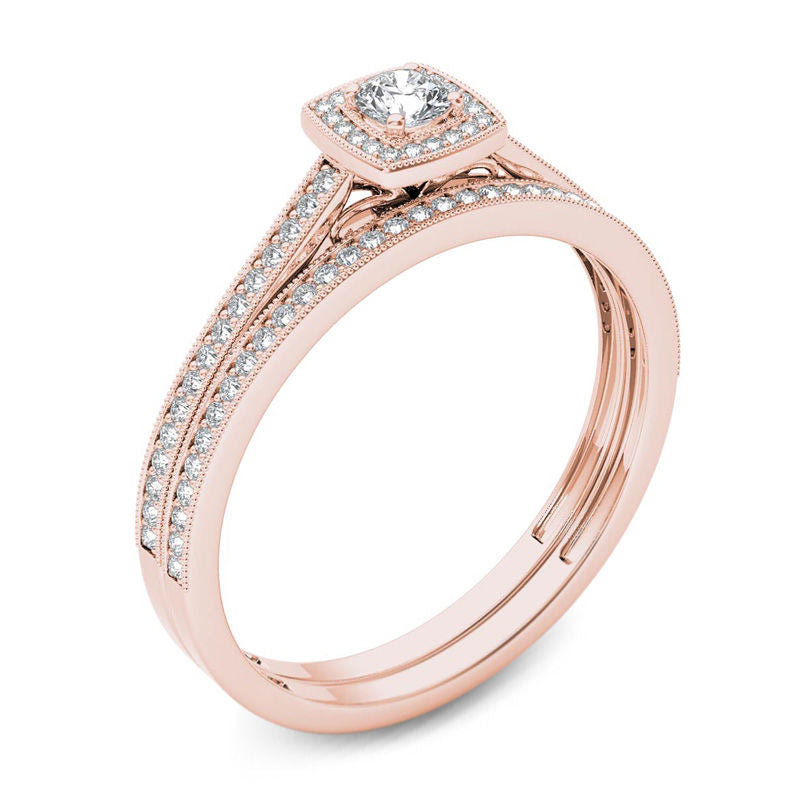 1/3 CT. T.W. Diamond Cushion Frame Vintage-Style Bridal Engagement Ring Set in 14K Rose Gold