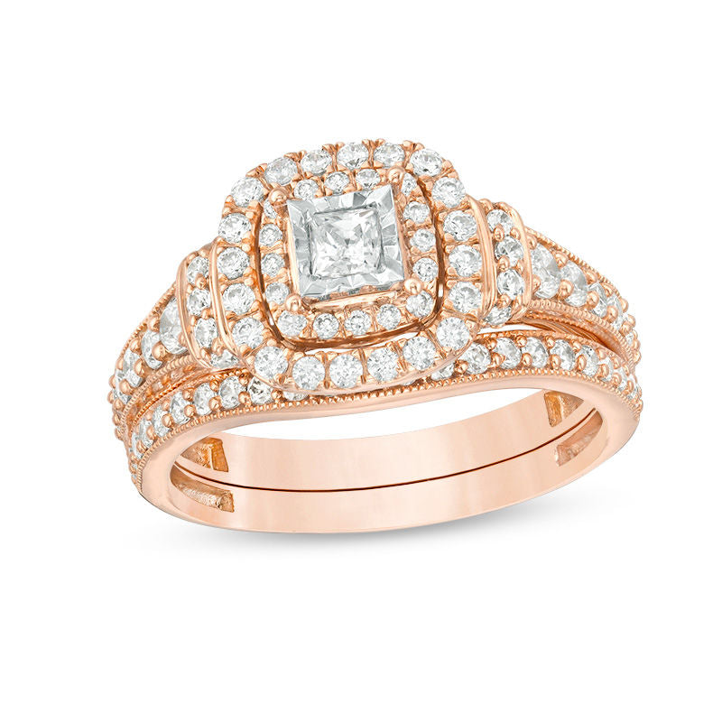 1 CT. T.W. Princess Cut Diamond Vintage Style Double Frame Engagement Bridal Set in 14K Rose Gold