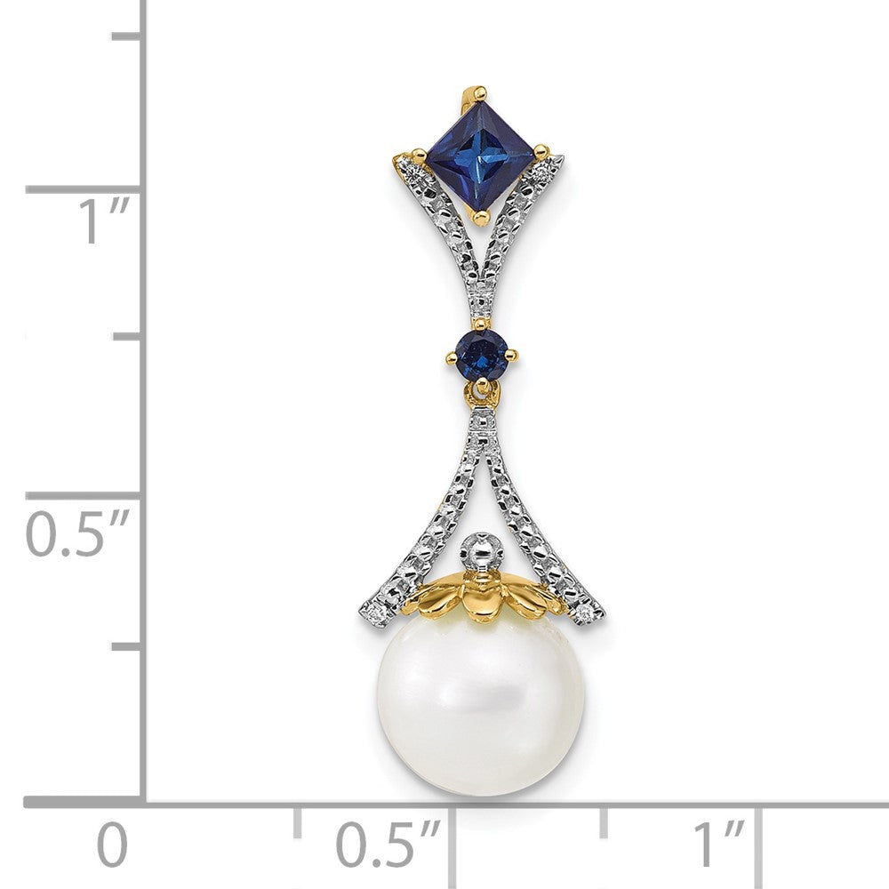 14k Diamond 8 9mm Round FW Cultured Pearl Created Sapphire Pendant