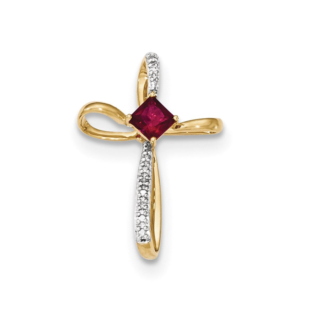 14k yellow gold lab created ruby and real diamond cross pendant xp4521r aa