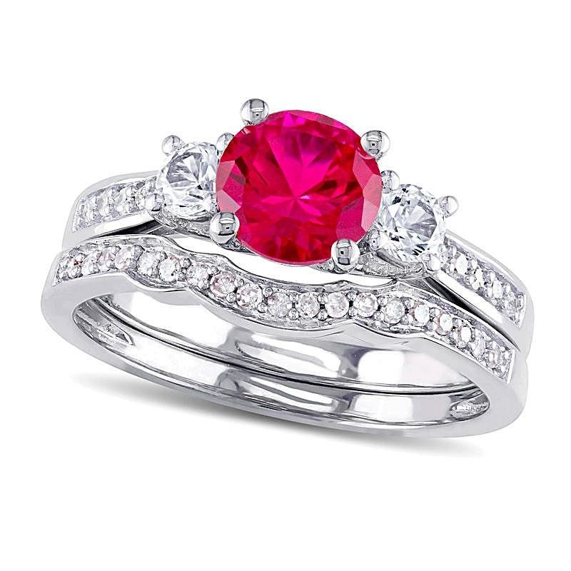 6.0mm Lab-Created Ruby and White Sapphire with 0.13 CT. TW Diamond Three Stone Bridal Set in 10K White Gold