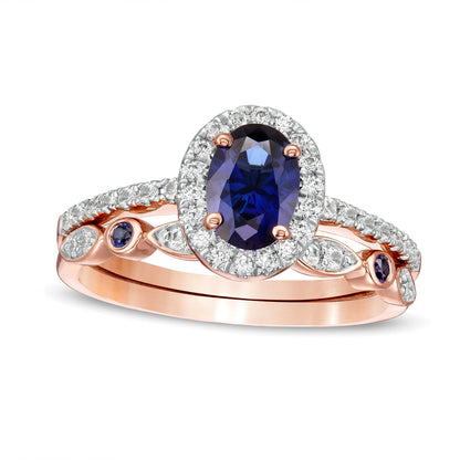 Oval Lab-Created Blue and White Sapphire Frame Art Deco Bridal Set in 10K Rose Gold