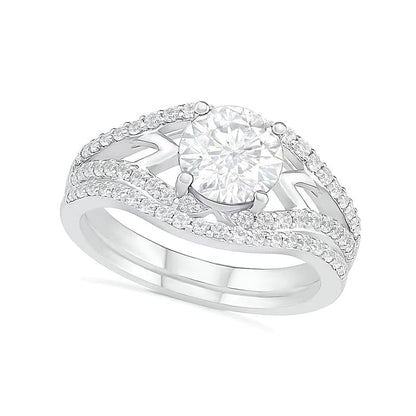 7.0mm White Lab-Created Sapphire Geometric Pointed Split Shank Bridal Set in Sterling Silver