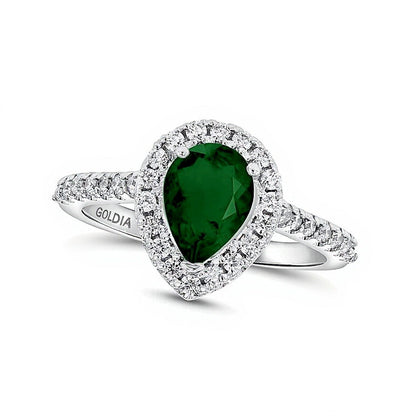 Pear-Shaped Emerald and 0.33 CT. TW Diamond Frame Ring in 14K White Gold