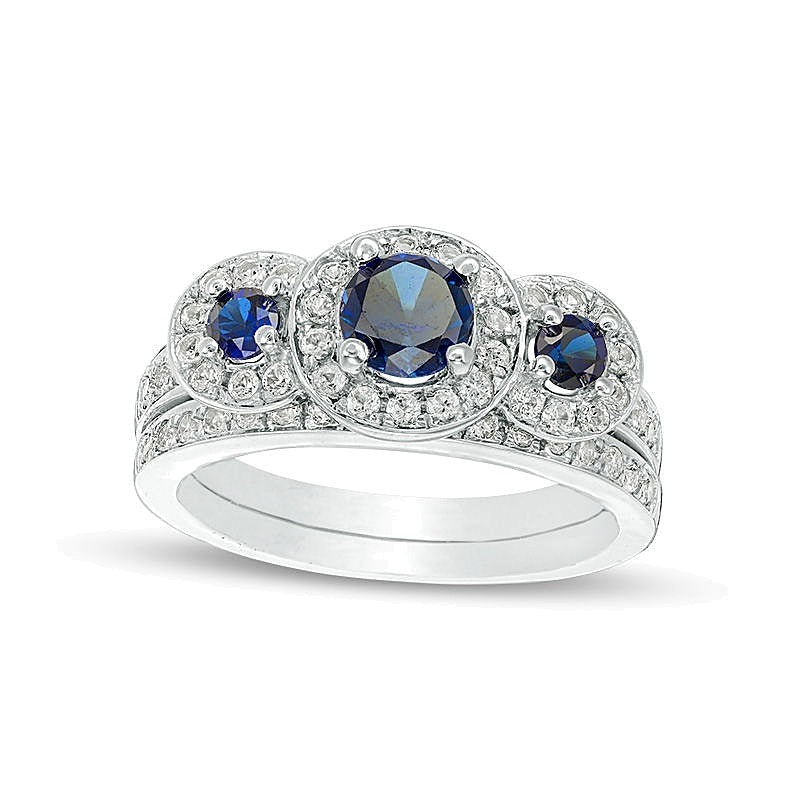 Lab-Created Blue and White Sapphire Frame Three Stone Bridal Set in 10K White Gold