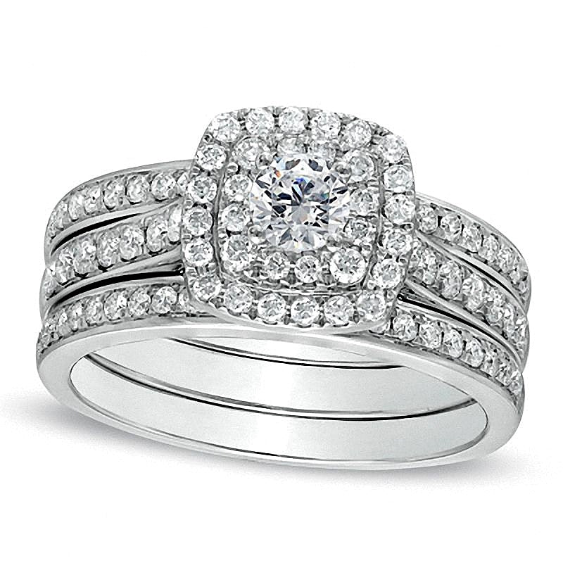 1.0 CT. TW Diamond Cushion-Shape Double Frame Bridal Set in 10K White Gold