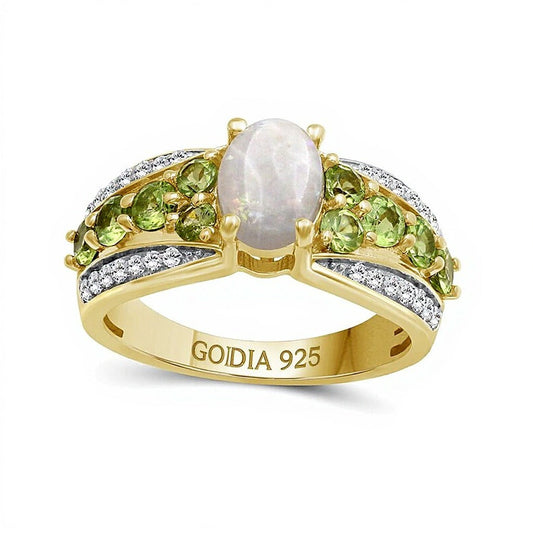 Oval Opal and Peridot with White Lab-Created Zircon Triple Row Tapered Shank Ring in Sterling Silver with 14K Gold Plate