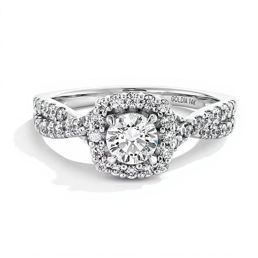 1.0 CT. TW Lab-Grown Diamond Cushion Frame Crossover Shank Engagement Ring in 14K White Gold (F/SI2)