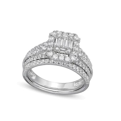 1.0 CT. TW Emerald-Shaped Multi-Diamond Frame Multi-Row Bridal Set in 10K White Gold