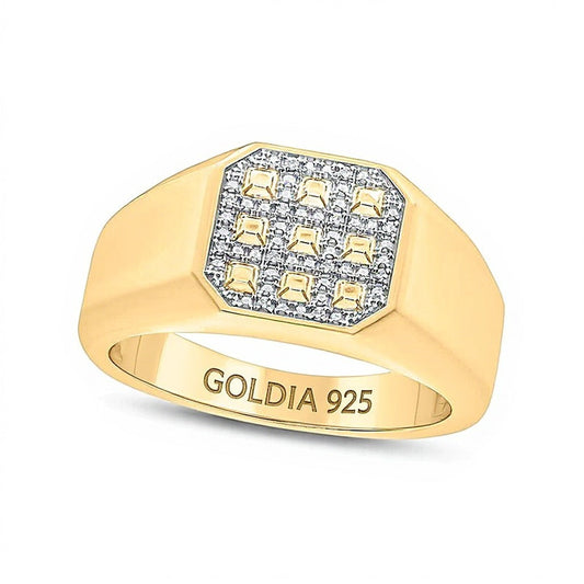 Diamond Accent Grid Pattern Octagonal Signet Ring in Sterling Silver with 14K Gold Plate