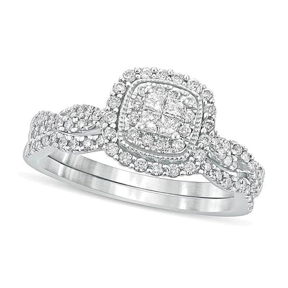 0.5 CT. TW Quad Princess-Cut Diamond Cushion Frame Twist Shank Bridal Set in 10K White Gold