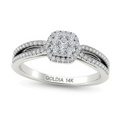0.38 CT. TW Cushion-Shaped Multi-Diamond Frame Split Shank Engagement Ring in 14K White Gold