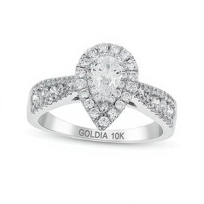 1.0 CT. TW Pear-Shaped Diamond Double Frame Triple Row Tapered Shank Engagement Ring in 10K White Gold