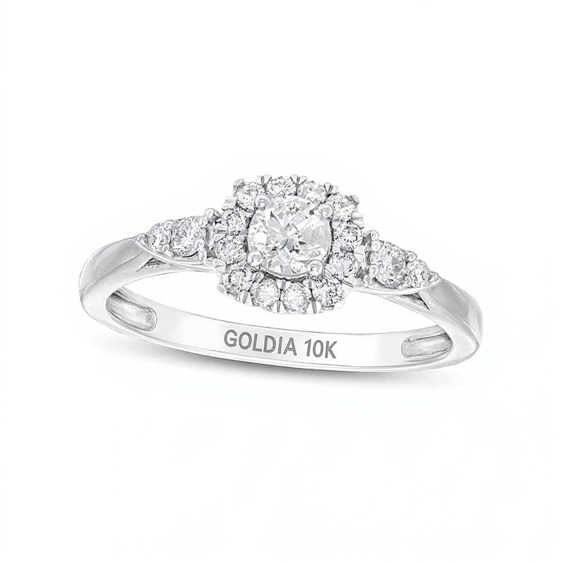 0.5 CT. TW Diamond Cushion-Shaped Frame Leaf-Sides Engagement Ring in 10K White Gold (J/I3)