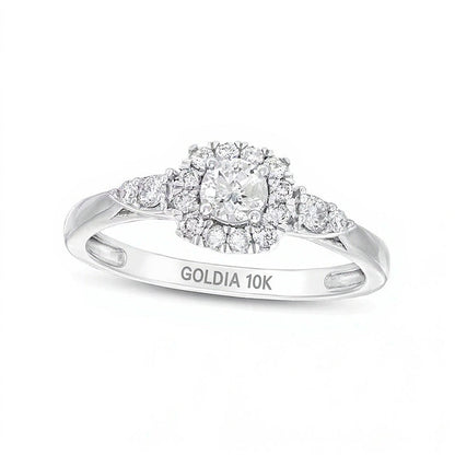 0.5 CT. TW Diamond Cushion-Shaped Frame Leaf-Sides Engagement Ring in 10K White Gold (J/I3)