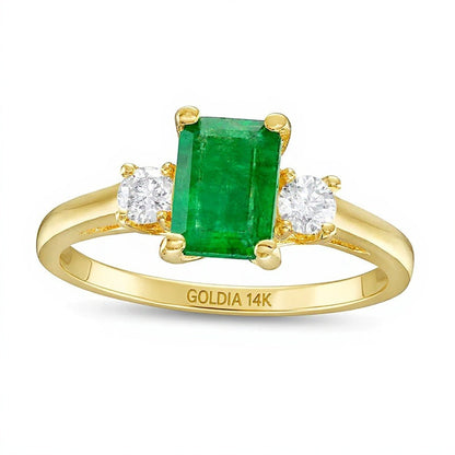 Emerald-Cut Emerald and 0.2 CT. TW Diamond Three Stone Ring in 14K Gold