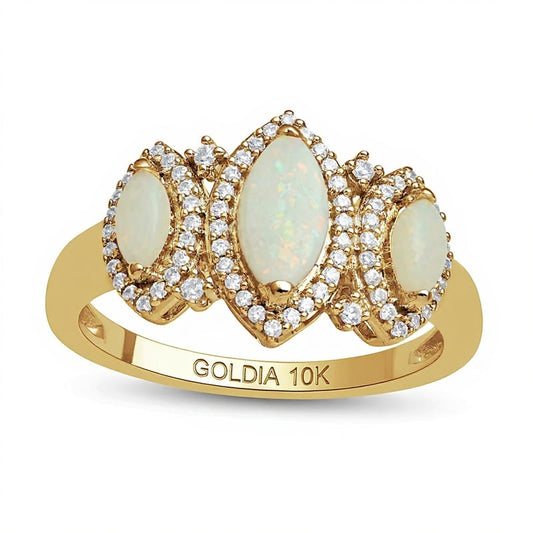 Marquise-Cut Lab-Created Opal and 0.2 CT. TW Diamond Frame Three Stone Ring in 10K Gold