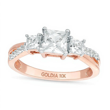 Princess-Cut Lab-Created White Sapphire Three Stone Engagement Ring in 10K Rose Gold