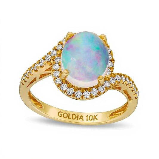 Oval Opal and 0.33 CT. TW Diamond Swirl Bypass Frame Ring in 10K Gold