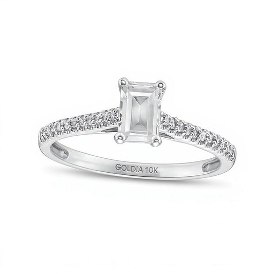 Emerald-Cut White Lab-Created Sapphire and 0.1 CT. TW Diamond Promise Ring in 10K White Gold