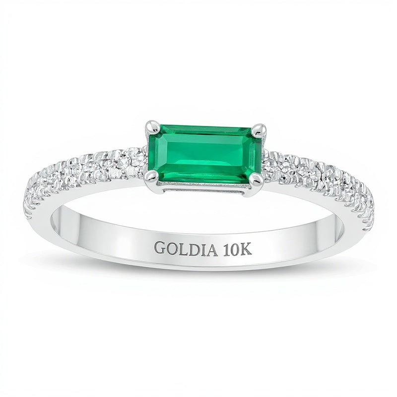 Sideways Baguette Lab-Created Emerald and 0.1 CT. TW Diamond Stackable Ring in 10K White Gold