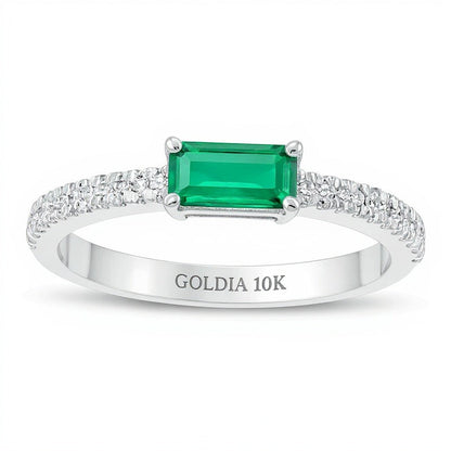 Sideways Baguette Lab-Created Emerald and 0.1 CT. TW Diamond Stackable Ring in 10K White Gold