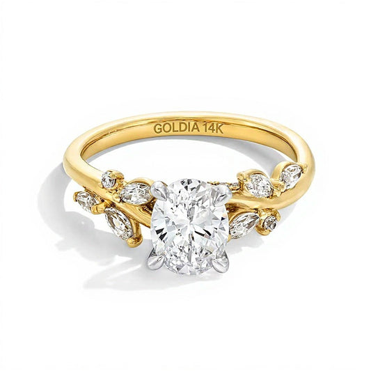 1.33 CT. TW Oval Lab-Grown Diamond Leaf Shank Engagement Ring in 14K Gold (F/VS2)