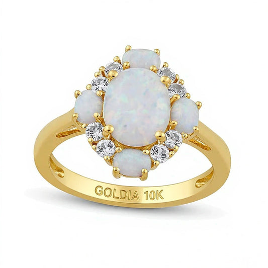 Oval Lab-Created Opal and White Lab-Created Sapphire Frame Ring in 10K Gold