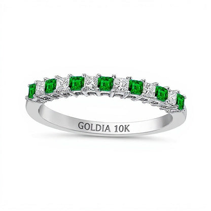 Princess-Cut Emerald and 0.2 CT. TW Princess-Cut Diamond Alternating Anniversary Band in 10K White Gold