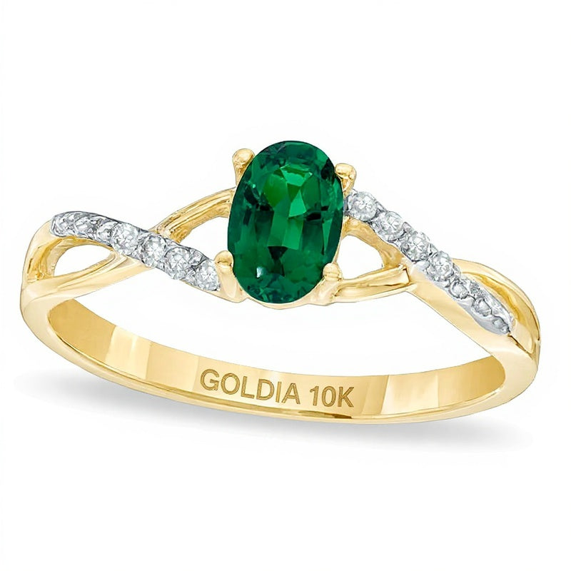 Oval Lab-Created Emerald and Diamond Accent Twist Engagement Ring in 10K Gold