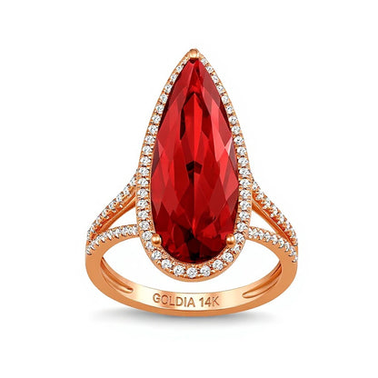 Elongated Pear-Shaped Lab-Created Ruby and White Lab-Created Sapphire Ring in Sterling Silver with 14K Gold Plate