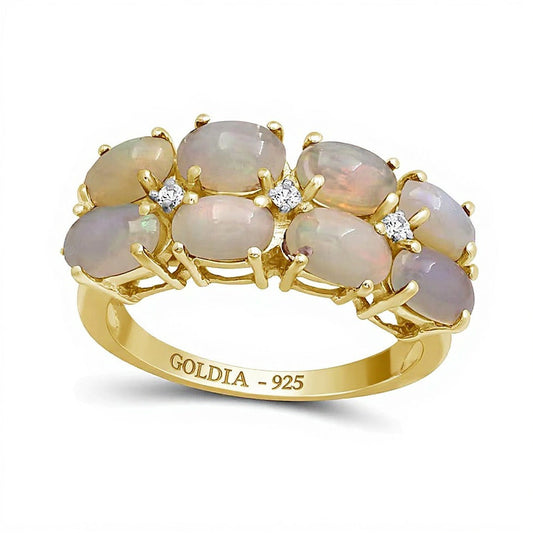 Oval Opal and White Lab-Created Zircon Double Row Eight Stone Ring in Sterling Silver with 14K Gold Plate