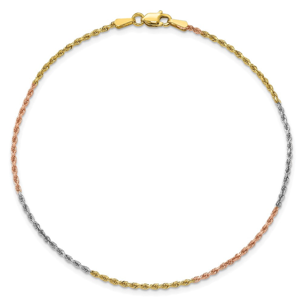 14k Tri-Color Tri-colored 7 inch 1.5mm Diamond-cut Rope with Lobster Clasp Chain Bracelet