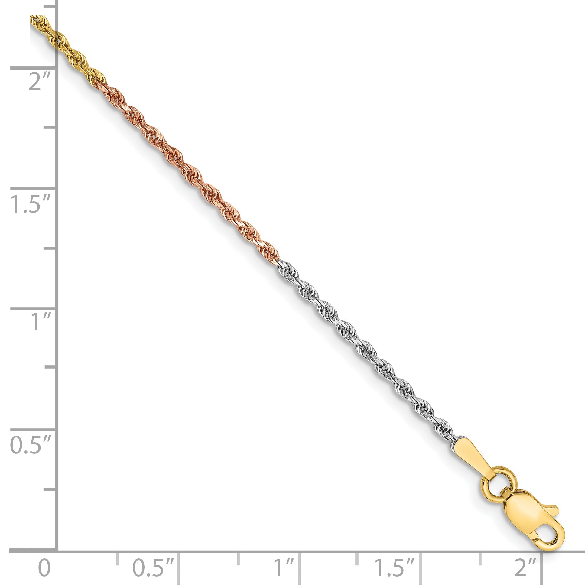 14k Tri-Color Tri-colored 7 inch 1.5mm Diamond-cut Rope with Lobster Clasp Chain Bracelet