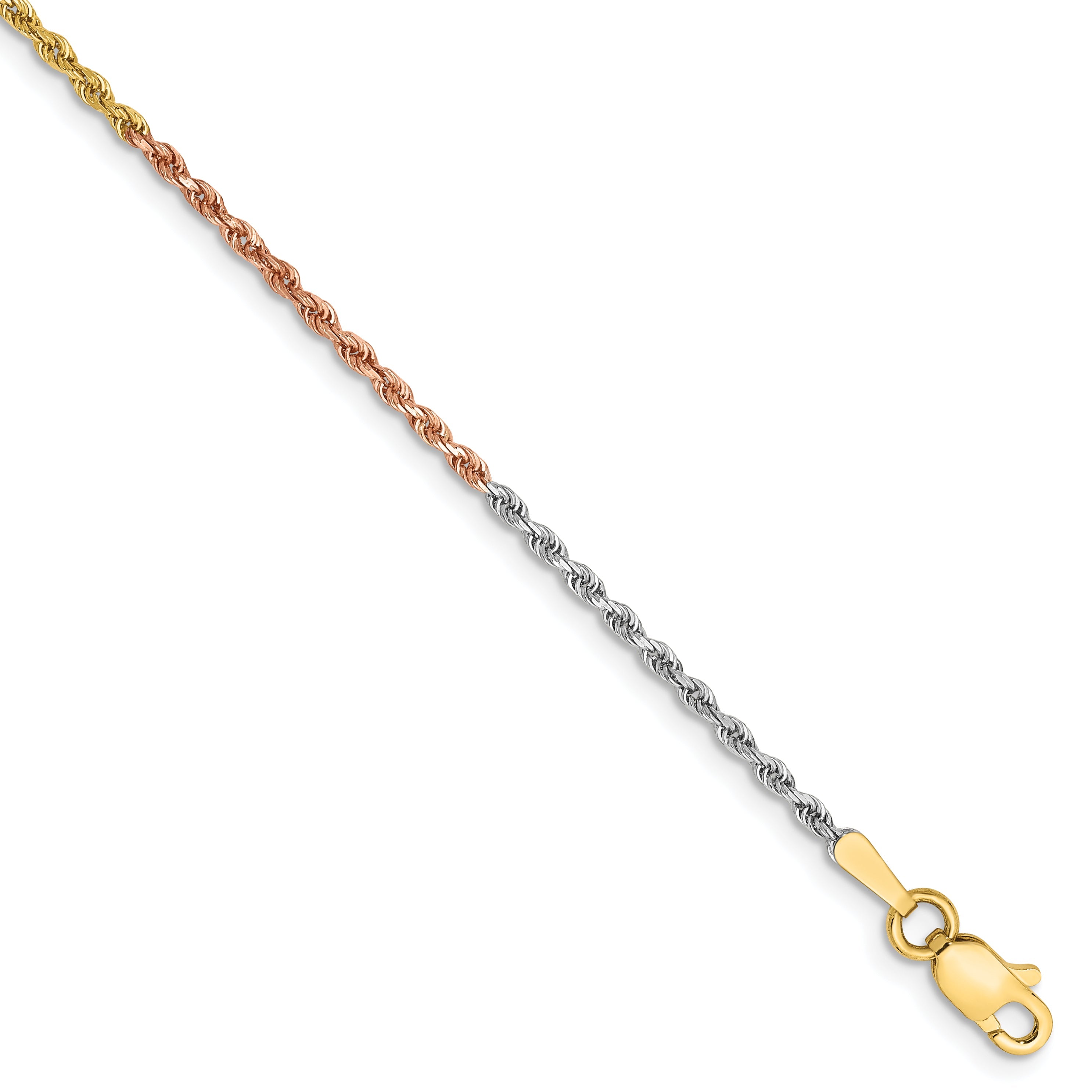 14k Tri-Color Tri-colored 7 inch 1.5mm Diamond-cut Rope with Lobster Clasp Chain Bracelet