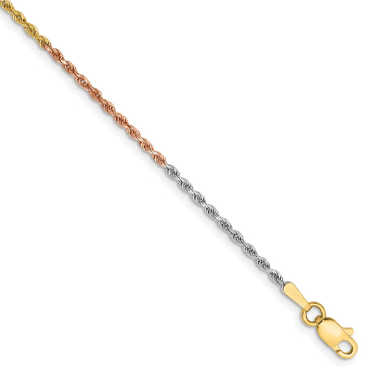 14k Tri-Color Tri-colored 7 inch 1.5mm Diamond-cut Rope with Lobster Clasp Chain Bracelet