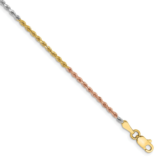 14k Tri-Color Tri-colored 7 inch 1.75mm Diamond-cut Rope with Lobster Clasp Chain Bracelet