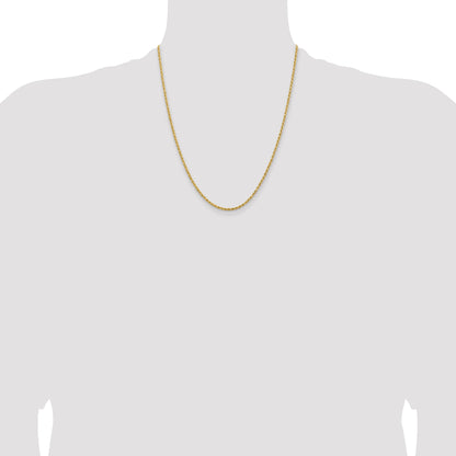 22 Inch 14k Yellow Gold 2mm Lightweight D/C Rope with Lobster Clasp Chain Necklace