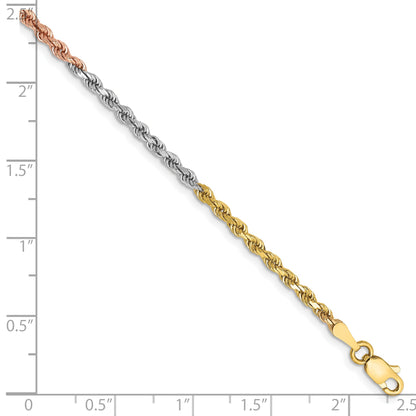 14k Tri-Color Tri-colored 8 inch 2.5mm Diamond-cut Rope with Lobster Clasp Chain Bracelet