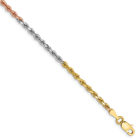 14k Tri-Color Tri-colored 7 inch 2.5mm Diamond-cut Rope with Lobster Clasp Chain Bracelet