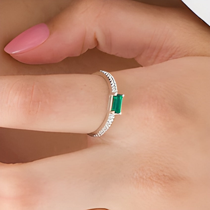 Sideways Baguette Lab-Created Emerald and 0.1 CT. TW Diamond Stackable Ring in 10K White Gold