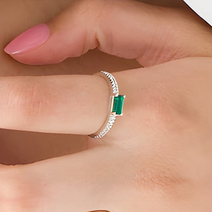 Sideways Baguette Lab-Created Emerald and 0.1 CT. TW Diamond Stackable Ring in 10K White Gold