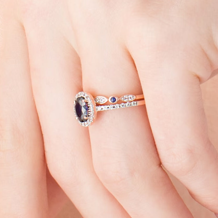 Oval Lab-Created Blue and White Sapphire Frame Art Deco Bridal Set in 10K Rose Gold