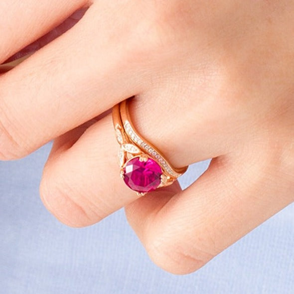 8.0mm Lab-Created Ruby and 0.1 CT. TW Diamond Leaf Sides Bridal Set in 10K Rose Gold