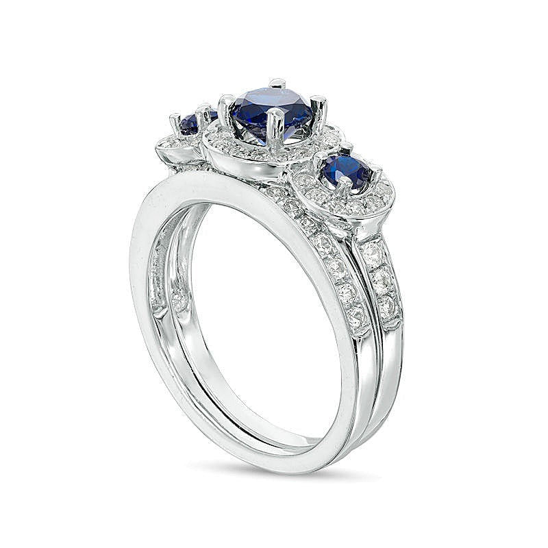 Lab-Created Blue and White Sapphire Frame Three Stone Bridal Set in 10K White Gold