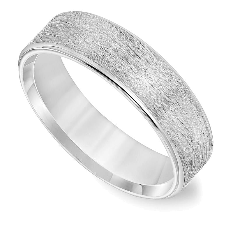6.0mm Comfort-Fit Brushed Wire-Textured Wedding Band in 14K White Gold