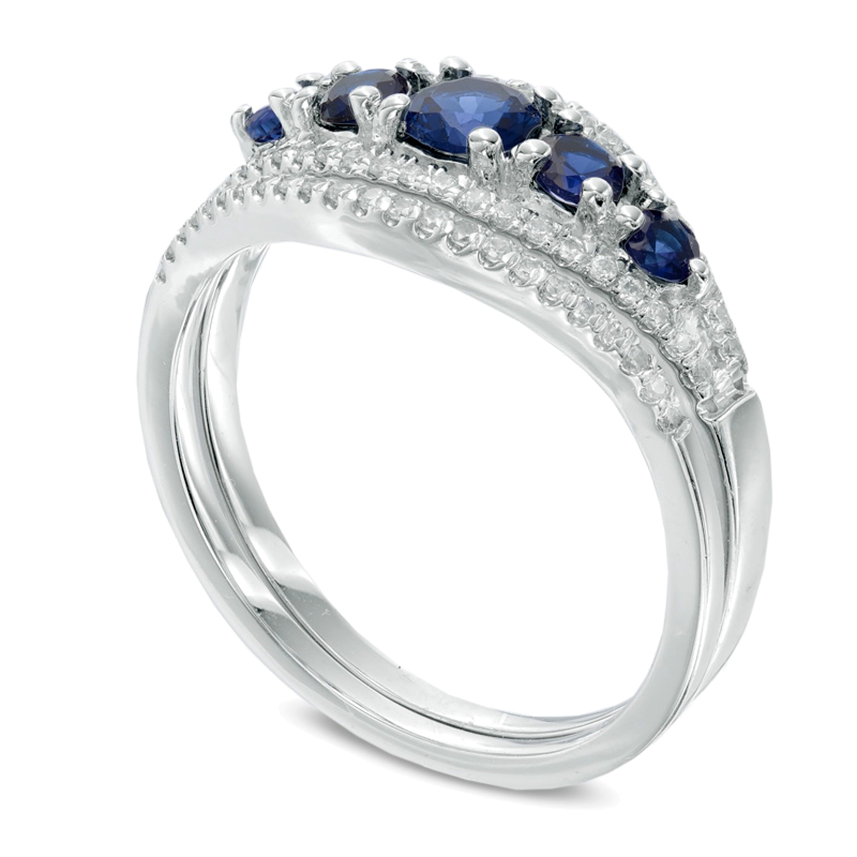 Lab-Created Blue Sapphire and 0.25 CT. TW Diamond Five Stone Bridal Set in 10K White Gold