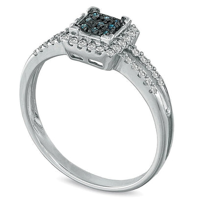 0.25 CT. TW Enhanced Blue and White Diamond Square Frame Split Shank Ring in 10K White Gold